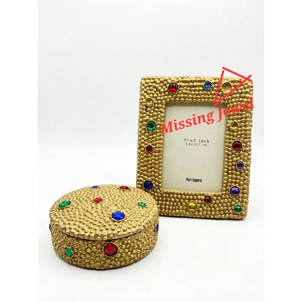 Pier 1 Gold Beaded Jeweled 3.5x5 Photo Frame and Matching Trinket Box Set